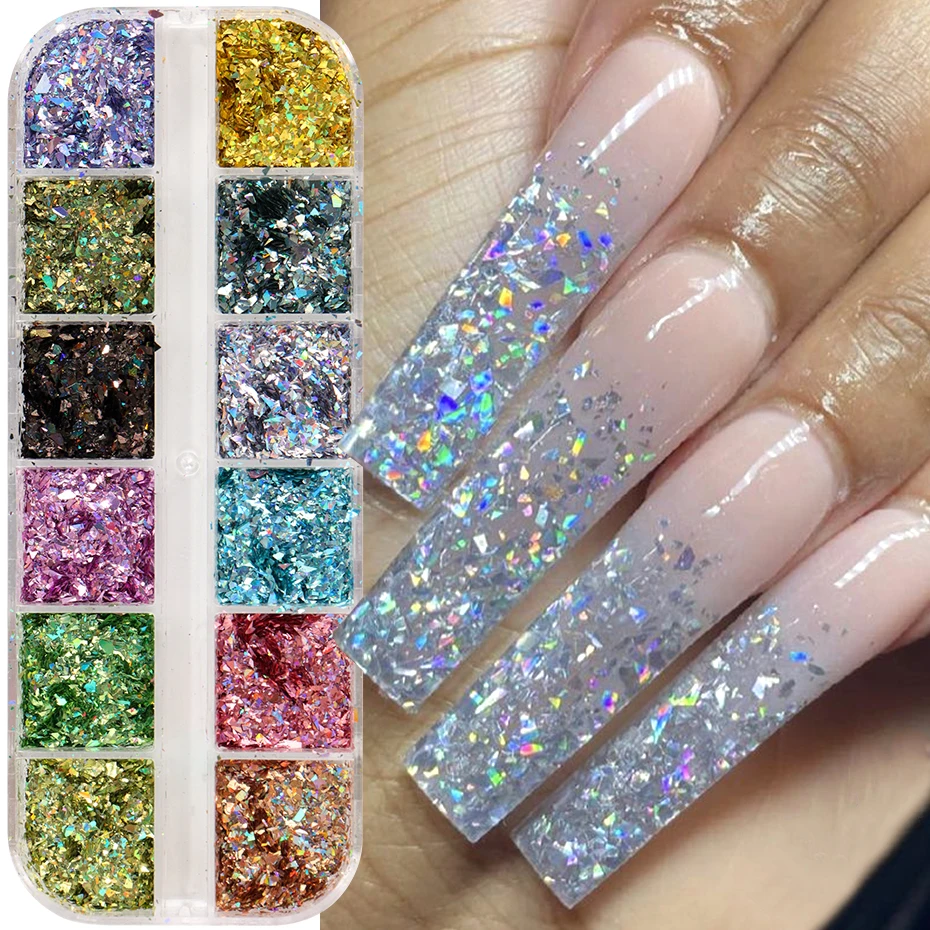 12Grids Holografische Iriserende Nagel Glitter Pailletten Sparkly Laser Onregelmatige Glazen Vlokken Nail Art Diamond Dust Y2K Zeemeermin Decor