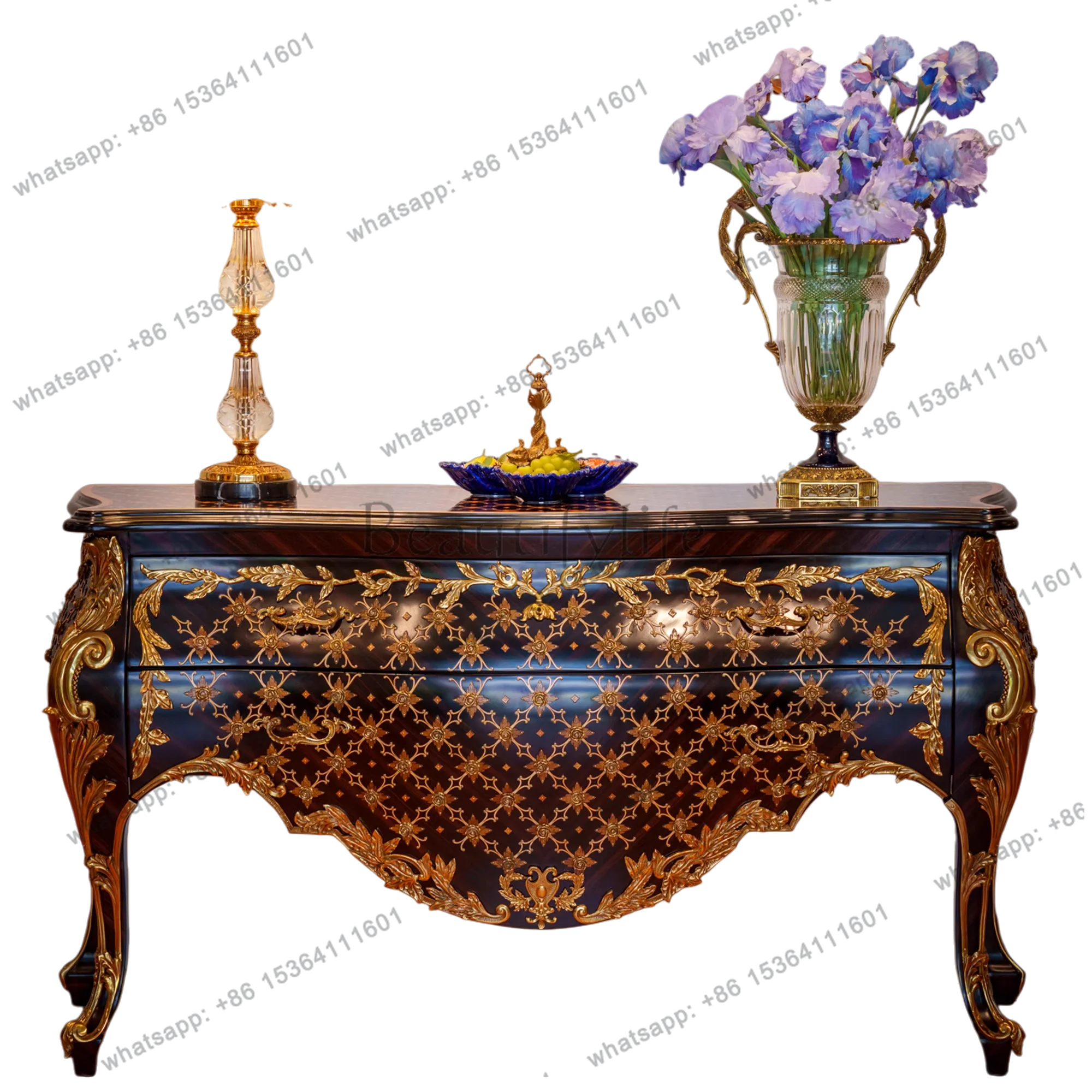 American retro solid wood painted porch cabinet copper carving villa living room home advanced decorative cabinet