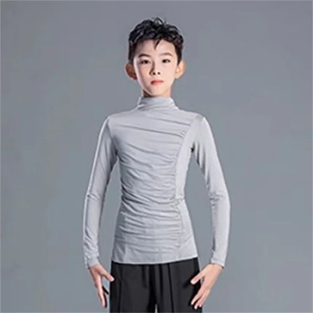 

Серая рубашка для латинских танцев для мальчиков. Черный воротник-стойка для современного танца, костюм для выступления на сцене румбы ча-ча