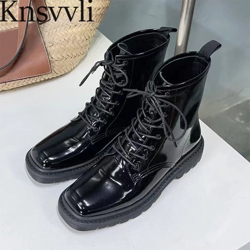 

2024 New Motorcycle Boots Women Patent Leather Short Boots Round Toe Lace Up Shoes Women Flat Ankle Boots Women Botas Mujer