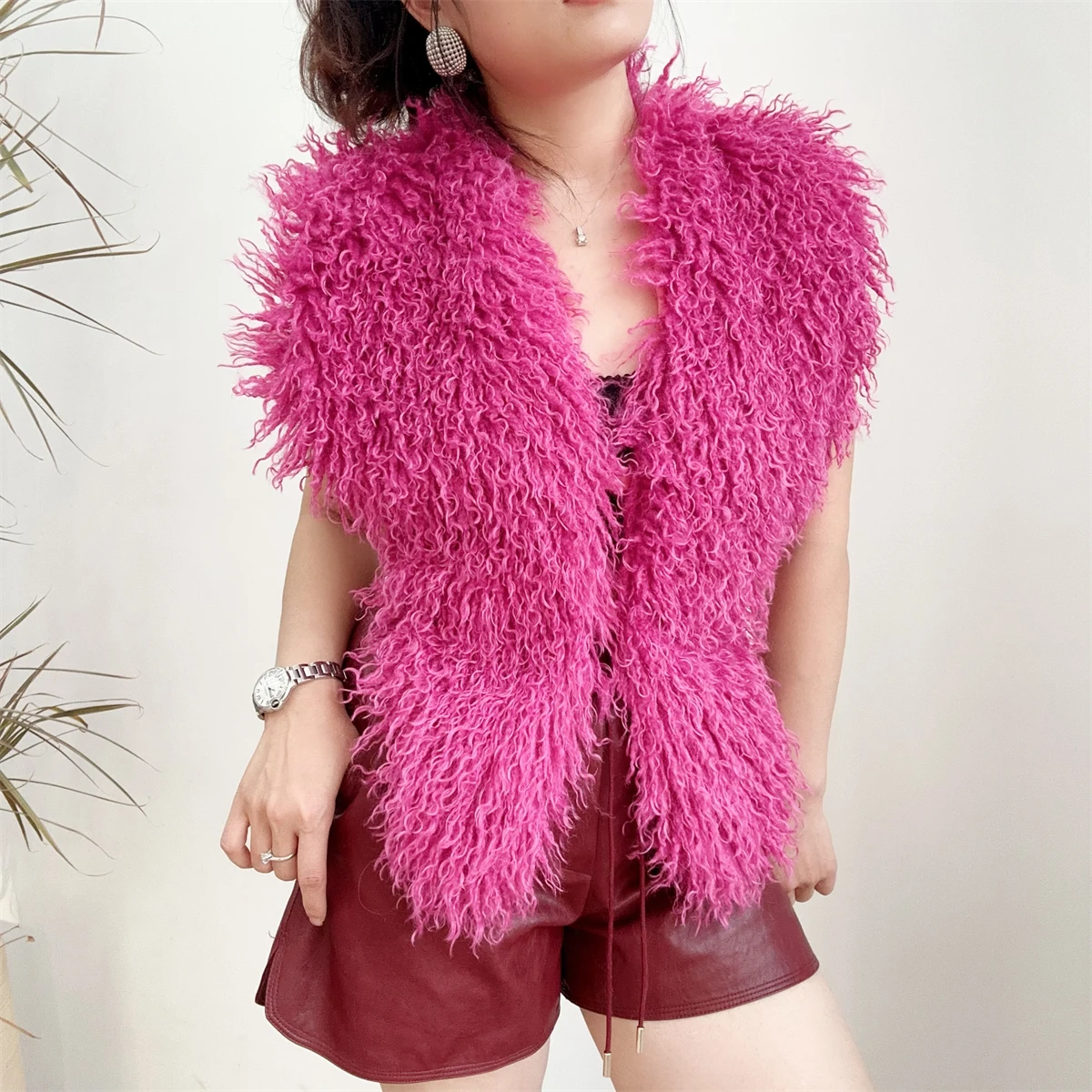 Fluffy Sexy Luxury Faux Mongolian Fur Halter Vests Women Solid Deep V-Neck Backless Bandage Sleeveless Jacket Top Outerwear Coat