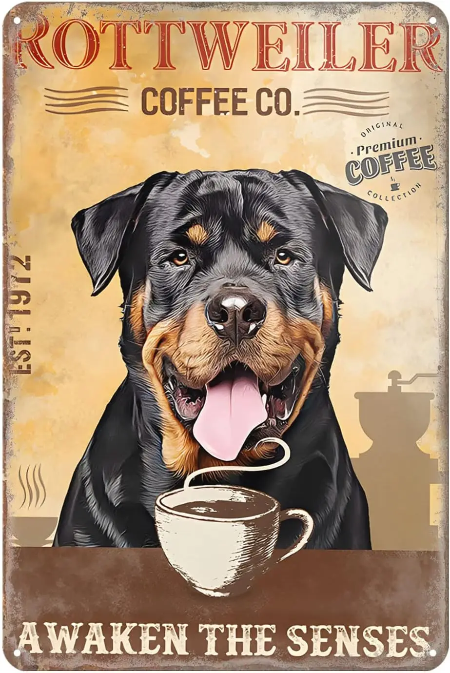 Rottweiler Dog Tin Sign Coffee Awaken The Senses Funny Metal Sign Vintage Decor Home Kitchen Bar Farmhouse Ranch Cafe