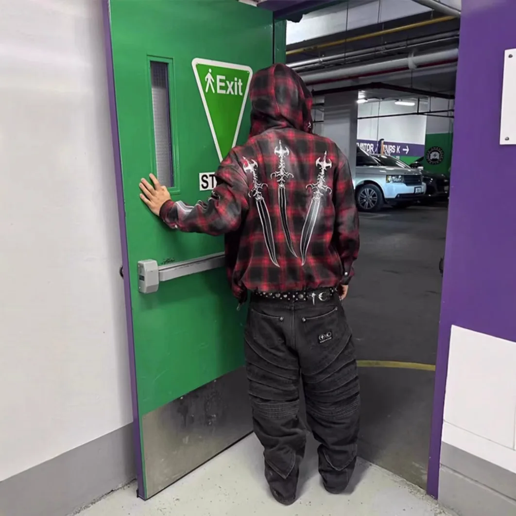 Thug Club 2026 Sword Embroidery Weathered Check Pattern Star and Moon Metal Logo Zippered Hooded Jacket Coat