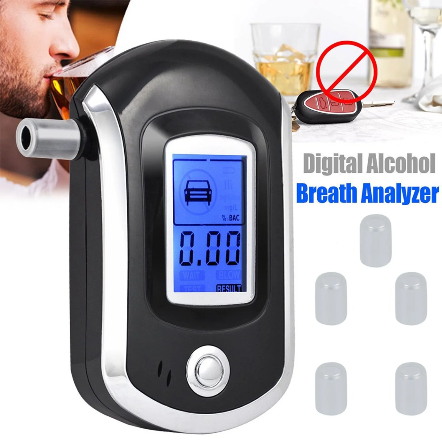 

Personal Home Alcohol Tester with 5 Mouthpieces, Large LCD Display for Accurate Results - Black