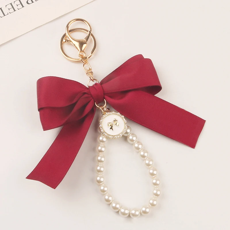 Large Bowknot Ribbon Pearl Key Chain Headphone Case Accessories  Bag Pendant Korean Ins Sweet DIY Key Holder Fashion Keyring