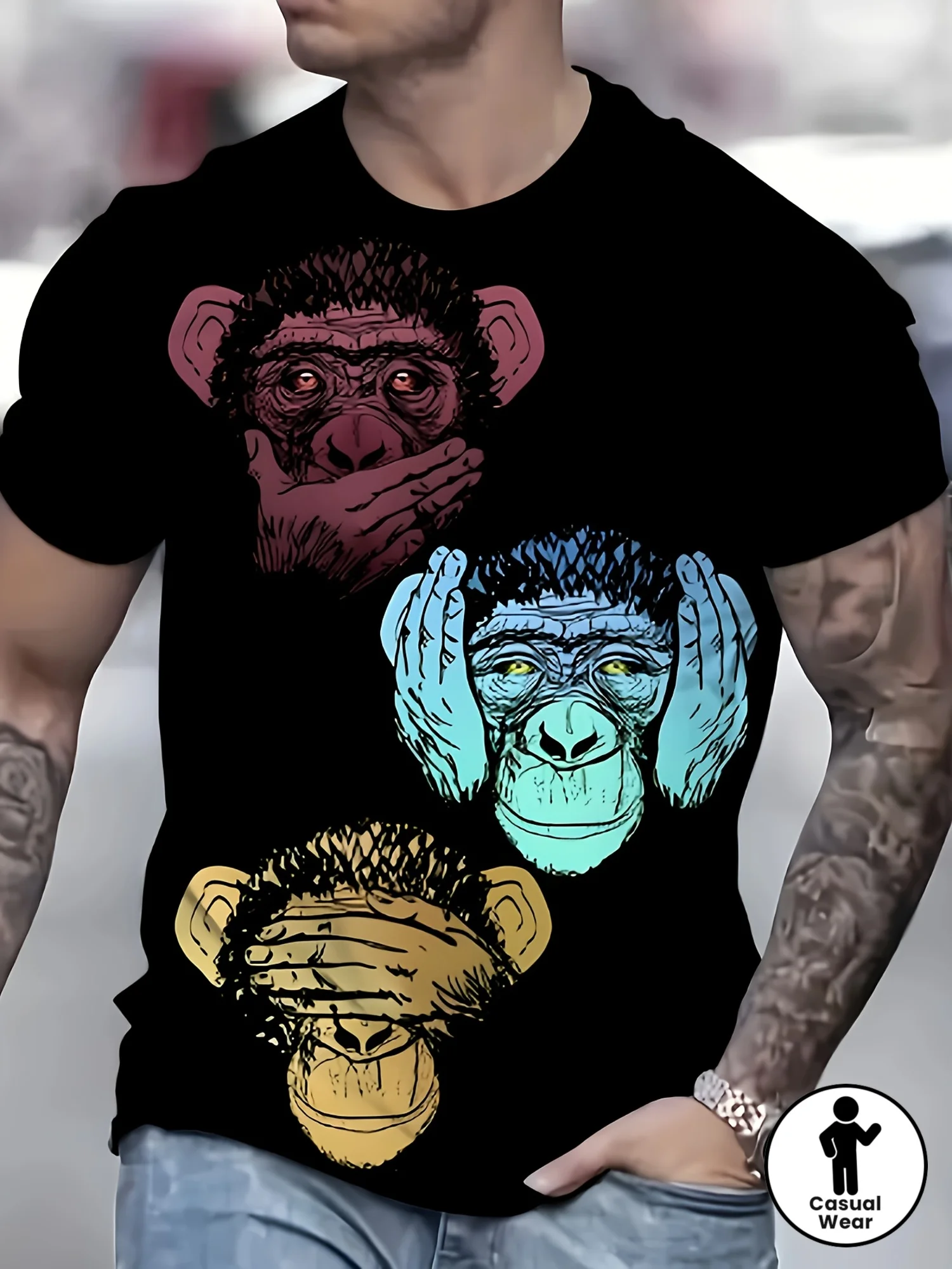 Men's Three Wise Monkeys Color Print T-Shirt Casual O-Neck Short Sleeve Funny Animal Graphic Tee Street Tops