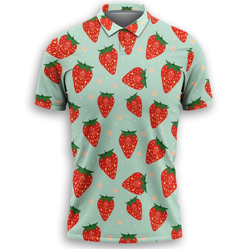 الكرتون الفراولة قميص بولو الرجال Kawaii الشارع قصيرة الأكمام تيز ثلاثية الأبعاد المطبوعة الفواكه زر التلبيب تي شيرت بلايز عادية الفاكهة المحملة #1