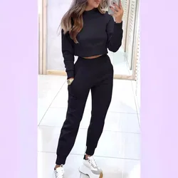 Women's Solid Pencil Pants Two Piece Sets Autumn Winter Turtleneck Neck Crop Top Outfits Casual Sweatshirt Tops Suit