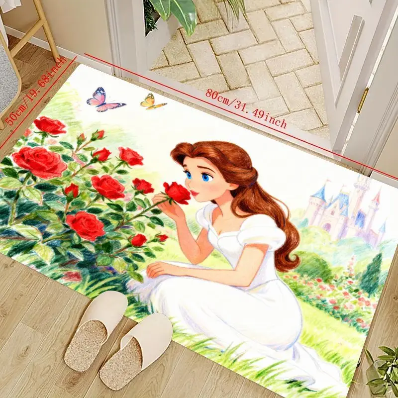 

1PC Disney Princess Belle & Rose Garden Fairytale Floor Mat, Beauty and the Beast Theme Non-Slip Carpet, Soft Decorative Area Ru