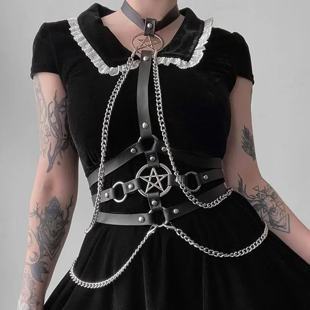 Arnés Sexy para mujer, cinturón, arnés de cadena, corsé, lencería de cuero, lencería Bondage, ropa fetiche gótica Punk, traje de fiesta Rave