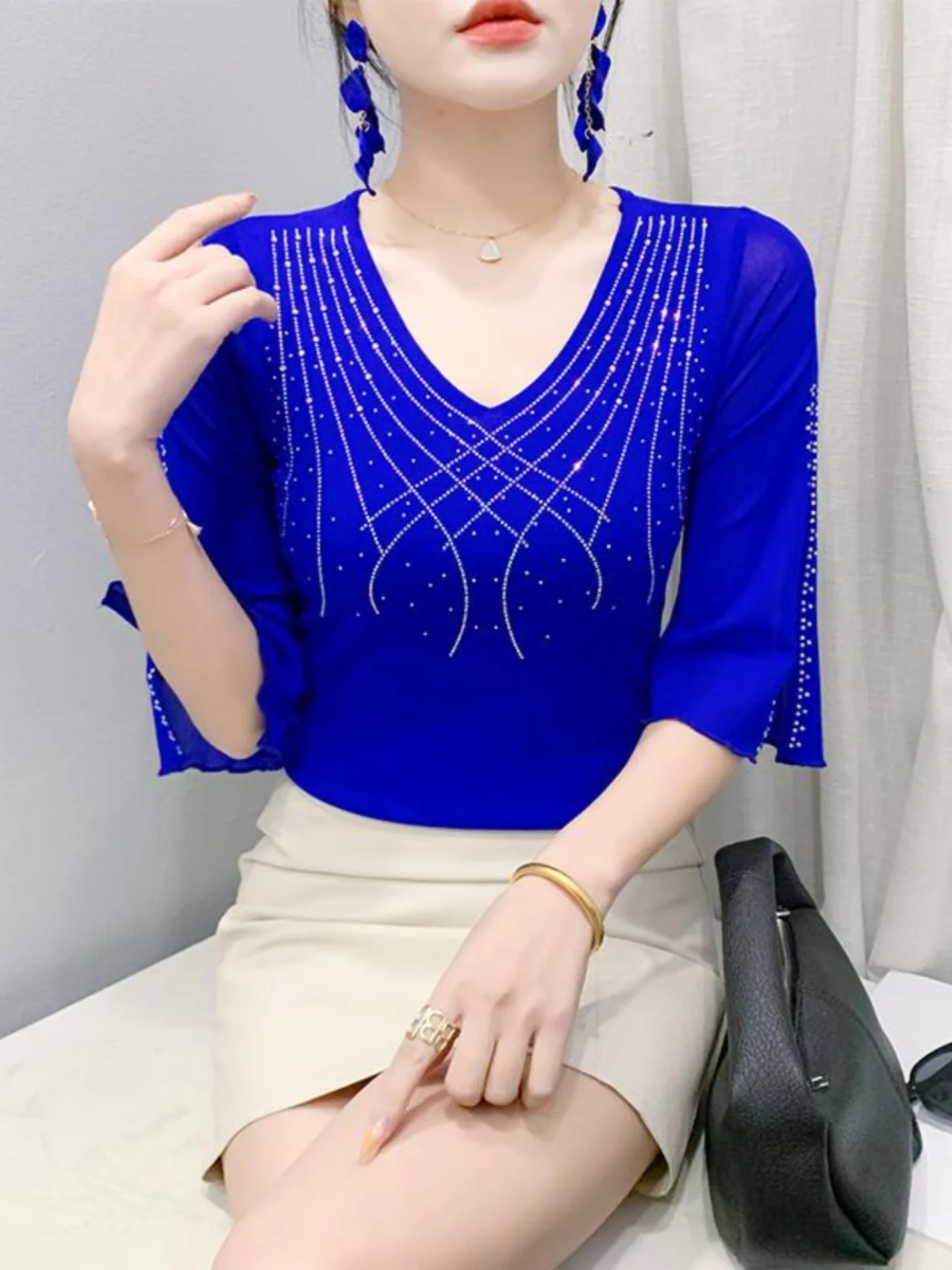 Sexy V-Ne Me T-irt Women's 3/4 Sve Summer Faion Heavy Embroidery Dance Top Trendy Hollow out Svel Crop Top