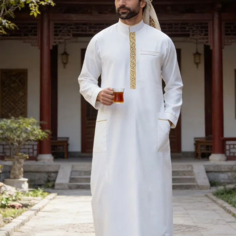 

Мужская арабская тоба с вышивкой, длинными рукавами, свободного кроя, исламская джубба для молитв и торжественных мероприятий
