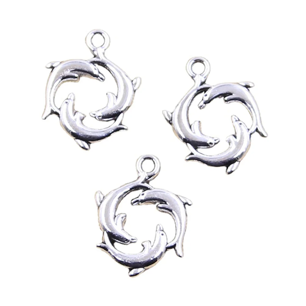 15pcs Charms Three Dolphin Show 21x16mm Antique Silver Color Pendants Making DIY Handmade Tibetan Finding Jewelry