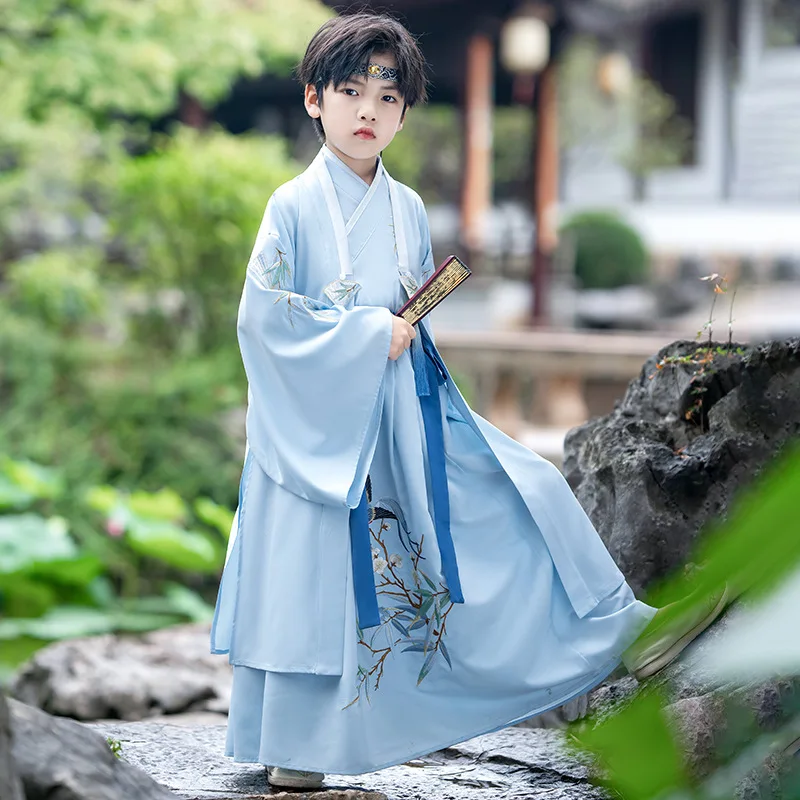 

Traditional Dress Blue Embroidery Hanfu Chinese Kids Ancient Festival Clothing Boy Folk Dance Performance Dress