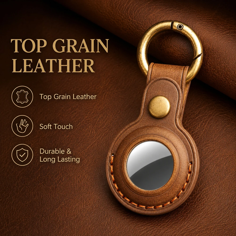Image of Echtes Leder AirTag Halter Schlüsselanhänger Schutzhülle für Apple AirTag Anti-Verlust-Ortungsgerät Abdeckung Autoschlüsselring Zubehör