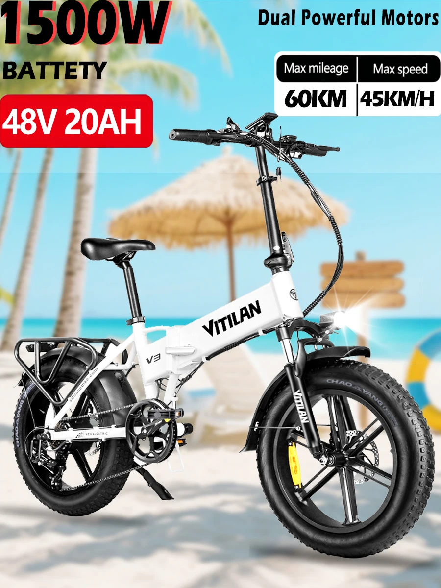 

EU Vitilan V3 Electric Bike 1500W dual-motor 48V 20Ah 750 single-motor Battery 20*4'' Fat Tires Adult city Ebike 45miles Range