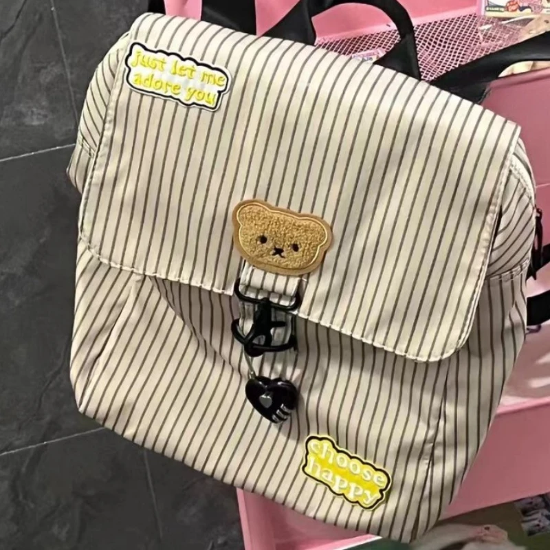 Vintage All Match Stripe Korean Backpack Fashion Y2k Aesthetic Cartoon Cute Bear Bags for Women Casual Fashion Preppy Schoolbags