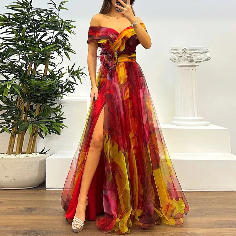 

LIBIELIY Elegant Off Shoulder Split Evening Dress Women Fashion Pattern Print Slim Long Dress Summer Sexy Mesh Hight Waist Part