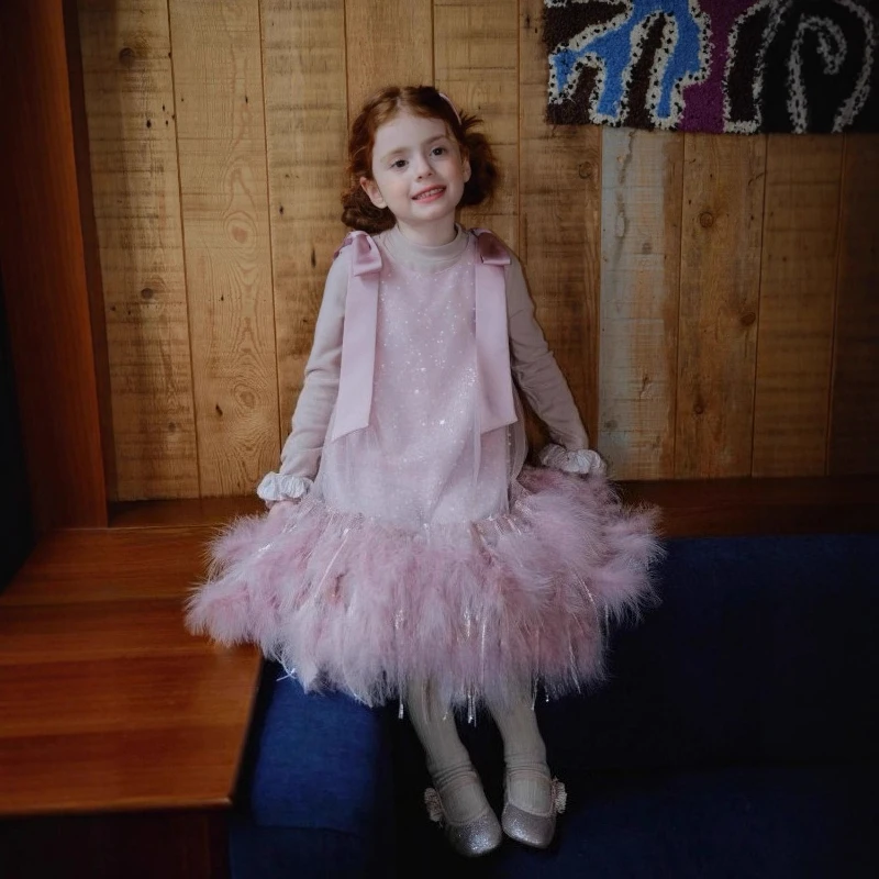 Dress Girls Pink Princess Skirt Autumn Childrens Feather Sequin Vest Dress Birthday Dress High Quality
