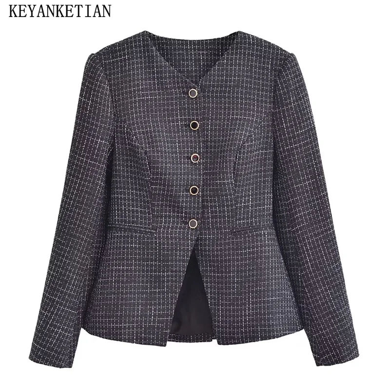 

KEYANKETIAN 2024 New Launch Women's Tweed Plaid Blazer Spring Single Breasted Elegant Slim Texture Short Suit V-Neck Outerwear