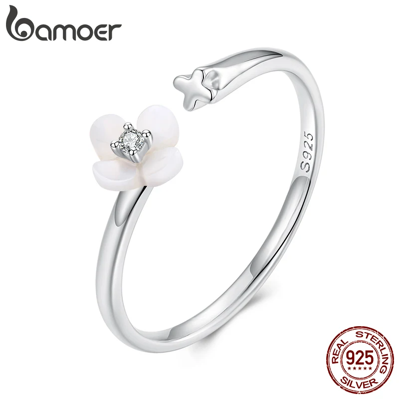 

Кольцо Bamoer из стерлингового серебра 925 пробы с белым цветком, прозрачным перламутром и регулируемым цирконием для женщин, элегантный подарок