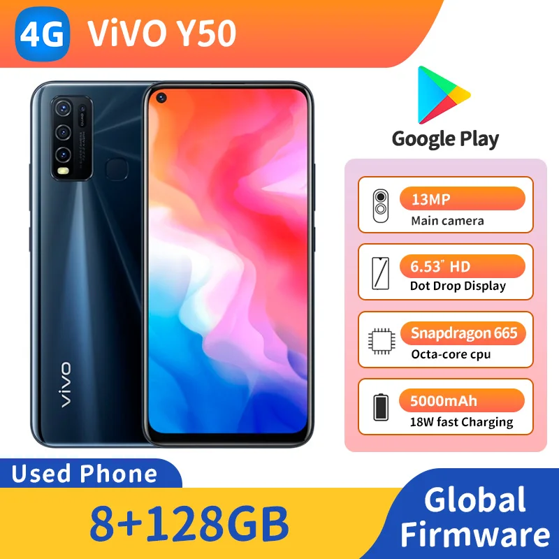VIVO Y50 4g CPU Snapdragon 665 6.53 بوصة شاشة 5000mAh 13MP كاميرا أندرويد هاتف مستعمل أصلي