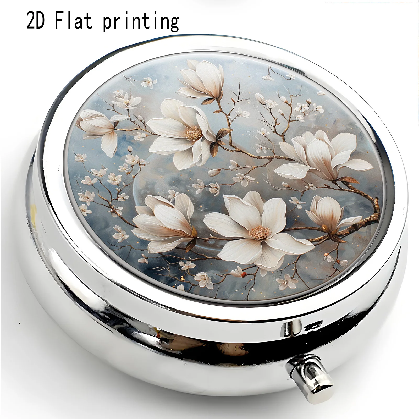Single pack, flat print, white magnolia flowers paired with light-colored floral patterns, round portable box, three compartments, large-capacity medicine storage box, organizer box for girls and pet lovers