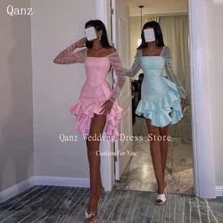 Qanz dubai luxury evening dress long sleeves illusion prom gown slit Arabia short sexy cocktail party dress Customized