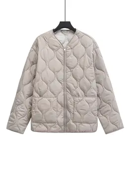 XNWMNZ 2024 frauen Mode Herbst/Winter Gepolsterte Jacke Frauen Retro O Hals Langarm Zipper Vielseitig Weibliche Stepp mantel ﻿