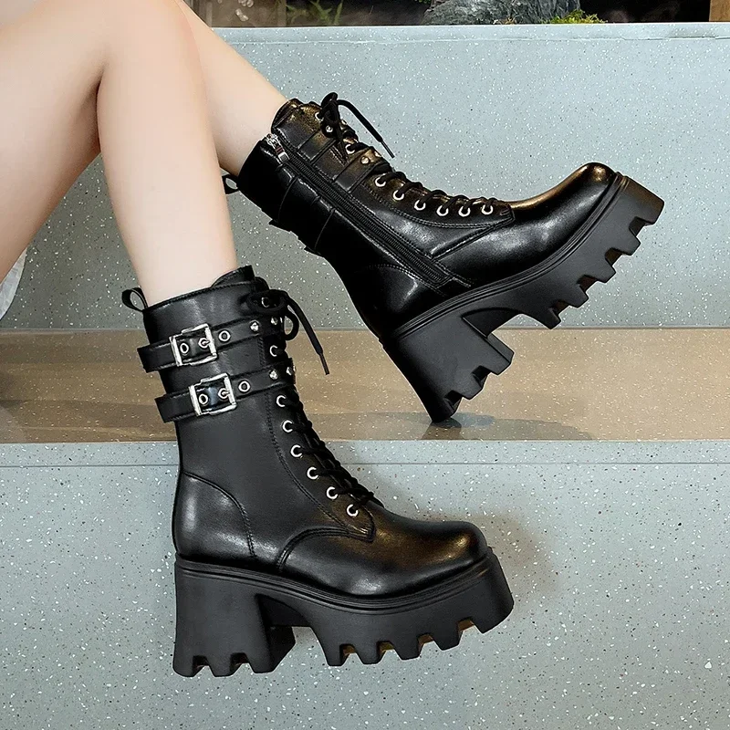 2024 New Fashion Platform Wedges Motorcycle Boots for Women Buckle Black Ankle Boots Shoes Woman Gothic Thick High Heels Botas