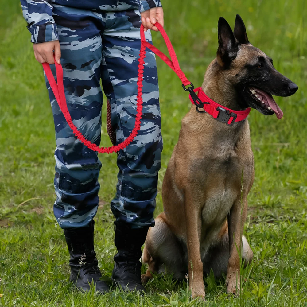 Durable Tactical Dog Collar Leash Set Adjustable Military Pet Collar Bungee Leash Medium Large Dog German Shepherd Red Blue Pink