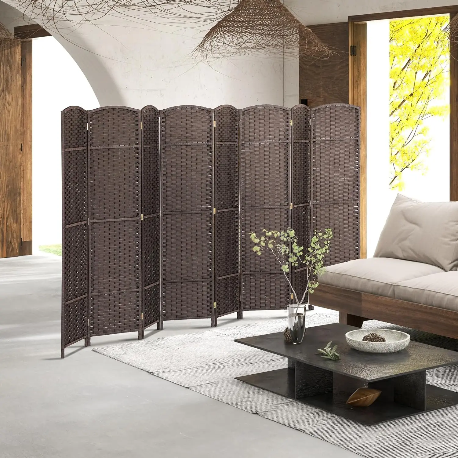 Room Divider, 8 Panel Folding Privacy Screen, 5.6' Tall Freestanding Wall Partition for Home Office, Bedroom, Brown