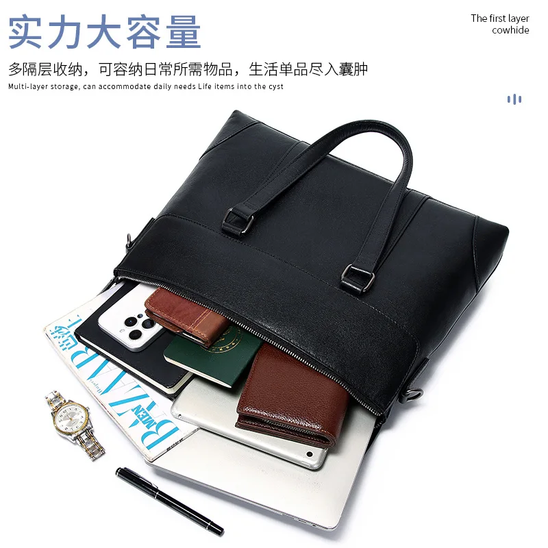حقيبة يد عصرية للتنقل مقاس 16 بوصة للكمبيوتر المحمول من الجلد الفاخر للرجال كاجوال بسعة كبيرة حقيبة جلدية أصلية جديدة للرجال #3