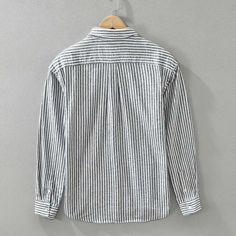 Japanese Vintage Striped Shirt Men Spring Fall Daily Causal Long Sleeve Shirt Man Lapel Double Pocket Design Shirts Literary Top