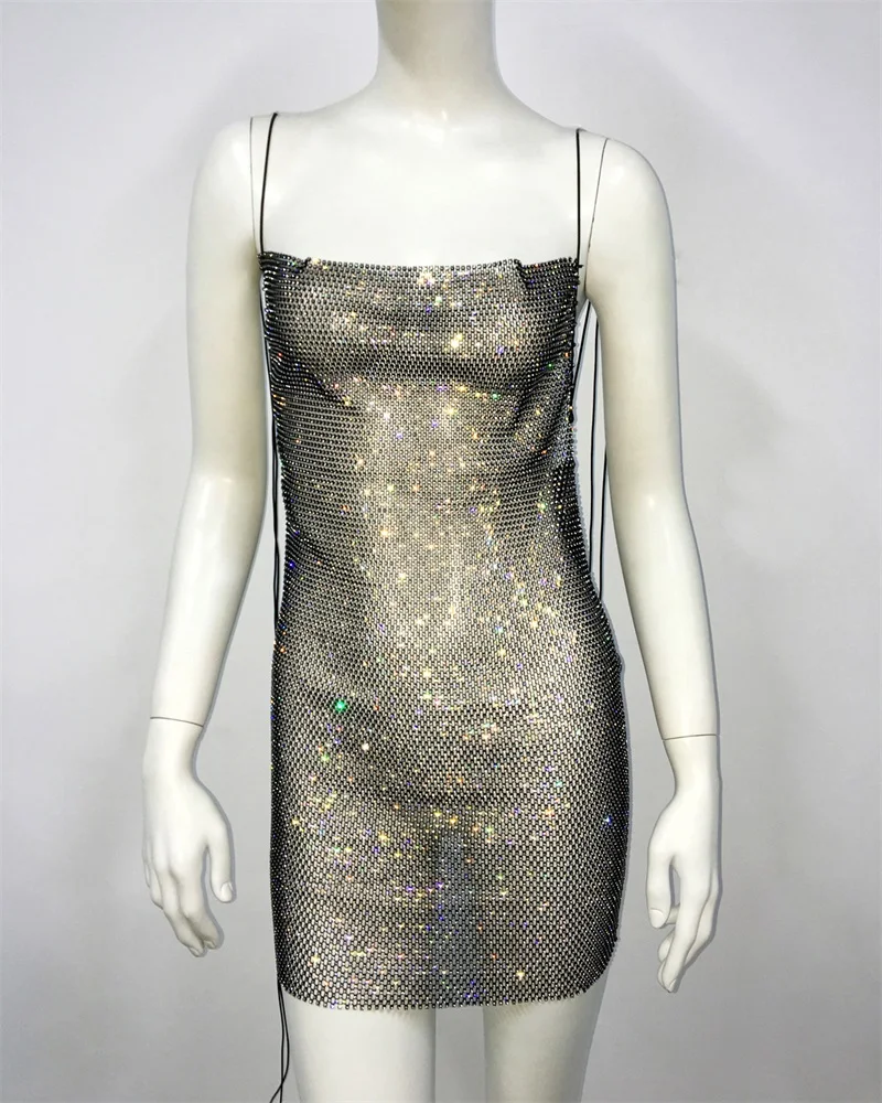 Robe de Soirée à Paillettes Transparente, Col Bateau à Dos en V, Bretelles Spaghetti, Jupe de Bal, Filet de Pêche, Robes au-dessus du Genou