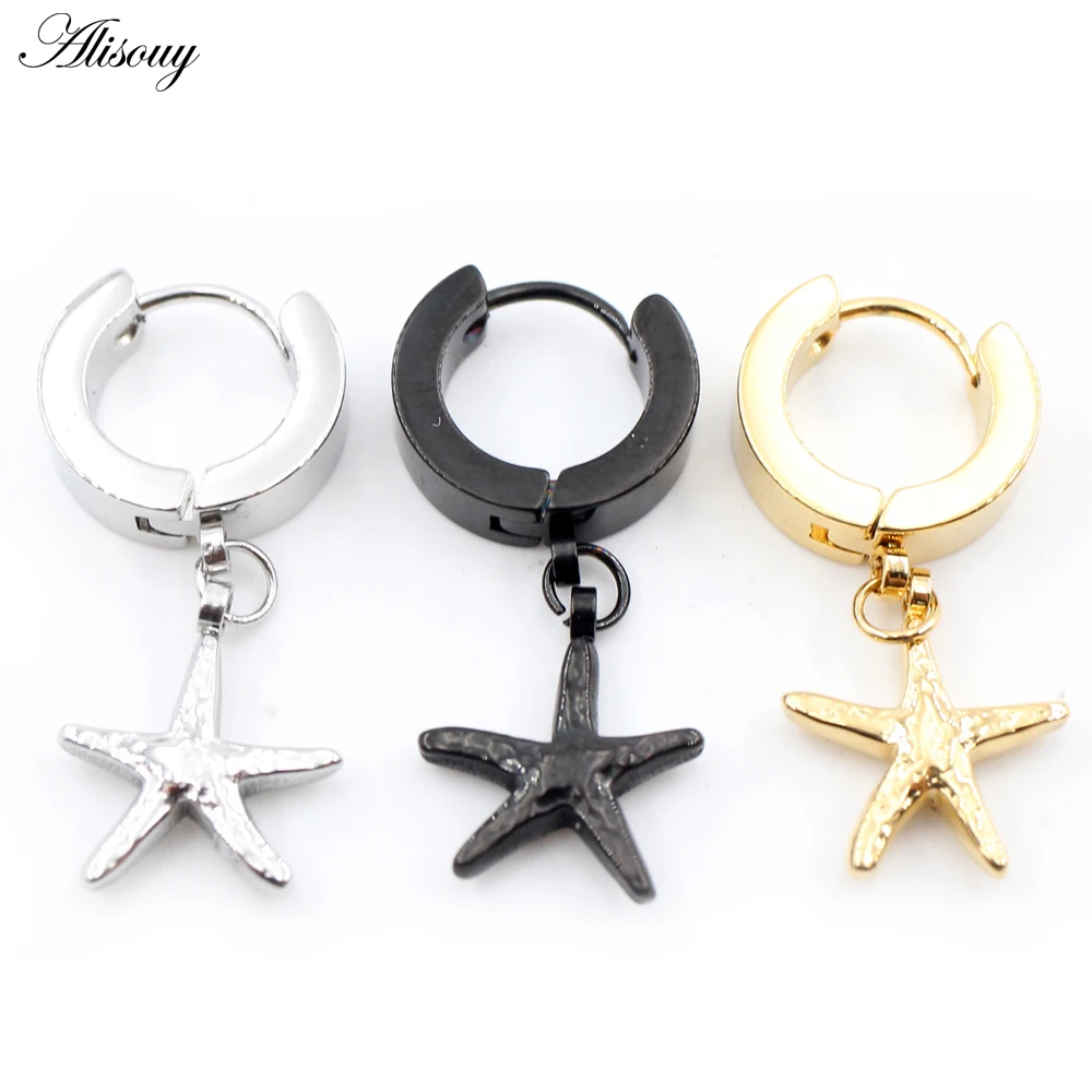 Alisouy 2PC Stainless Steel Cross Starfish Sword Axe Moon Pepper Pendant Women Men Small Huggie Round Smooth Circle Hoop Earring
