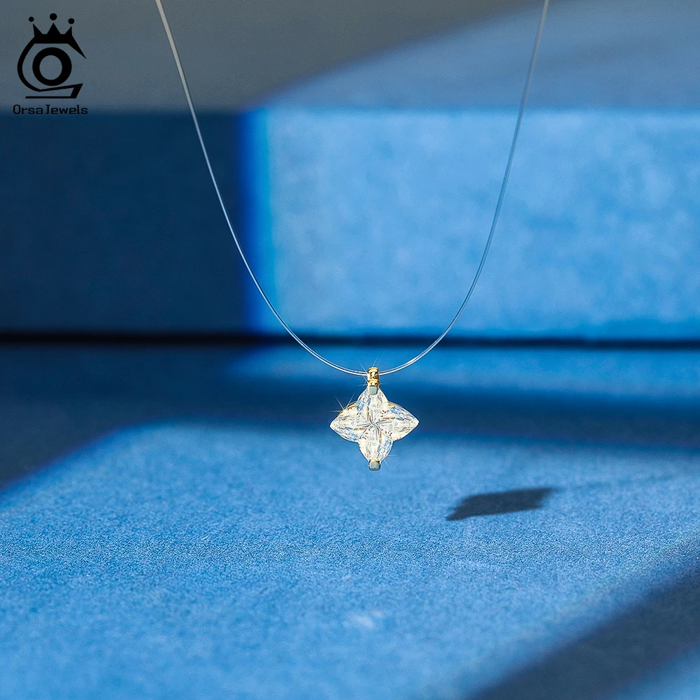 

ORSA JEWELS Creative 8A CZ Pendant Necklace 925 Silver Transparent Fishing Line Flower Clavicle Chain Mermaid Tears Neck LZN33