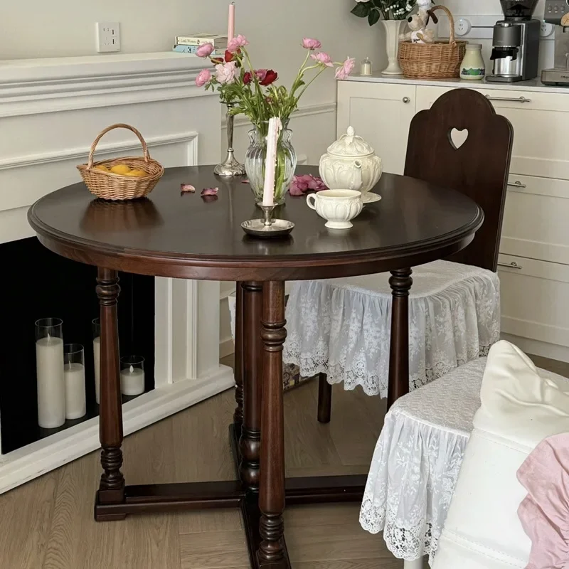 Madera maciza simple americana, mesa de comedor redonda y sillas pequeño apartamento, mesa familiar francesa, mesa redonda retro para sala de estar