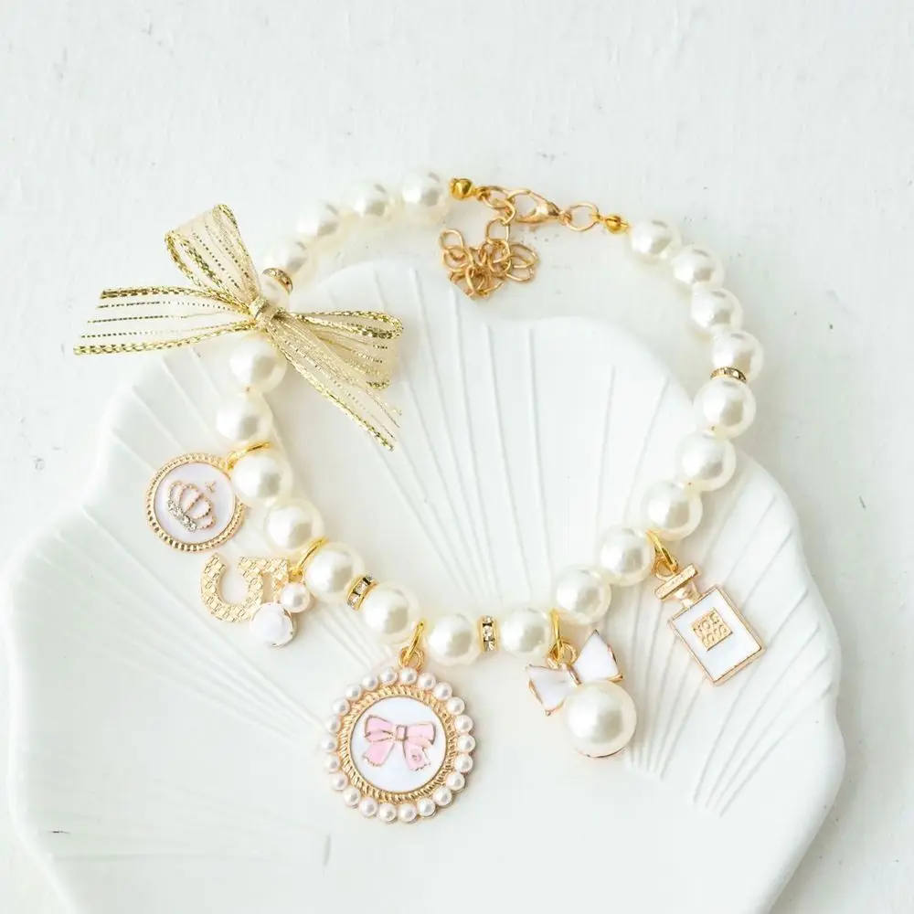 

Wedding Jewelry Stuff Pink Rhinestone Dog Chain Pearl Princess Cat Jewelry Necklace Bow Collar Pet Collars