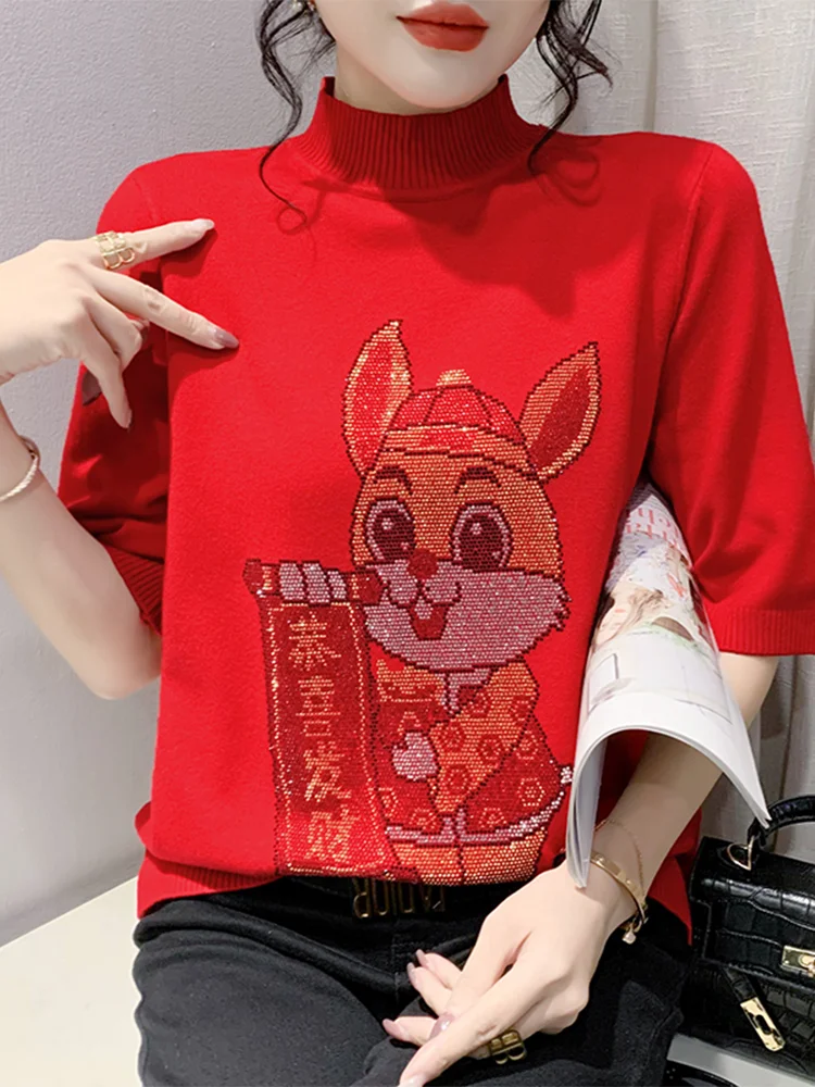 

Winsleter Tradition Chinese Sweater Half Sleeve Pullover Women Half Turtleneck Beaded Bunny Year Knit Top Autumn Winter T38702JM