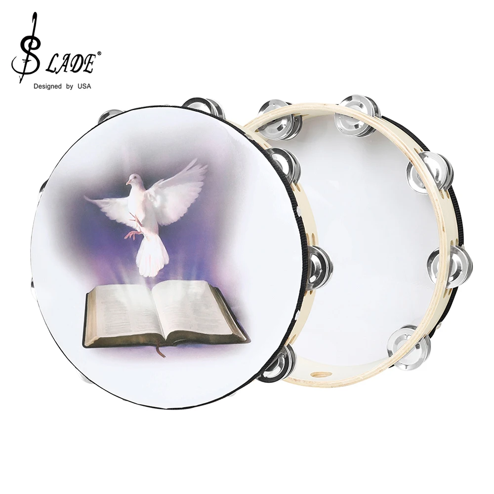 SLADE 10 Inches Professional Tambourine Sheepskin Hand Drums Music Drums for Christian Dance Percussion Instrument Tambourine