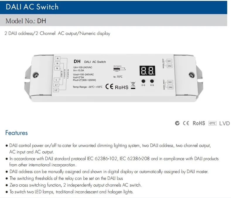 New SKYDANCE AC100-240V DALI AC LED Light Switch 2 Channel Dimmer Numeric Display 2 DALI address For 500W-1200W LED Lamp image 4