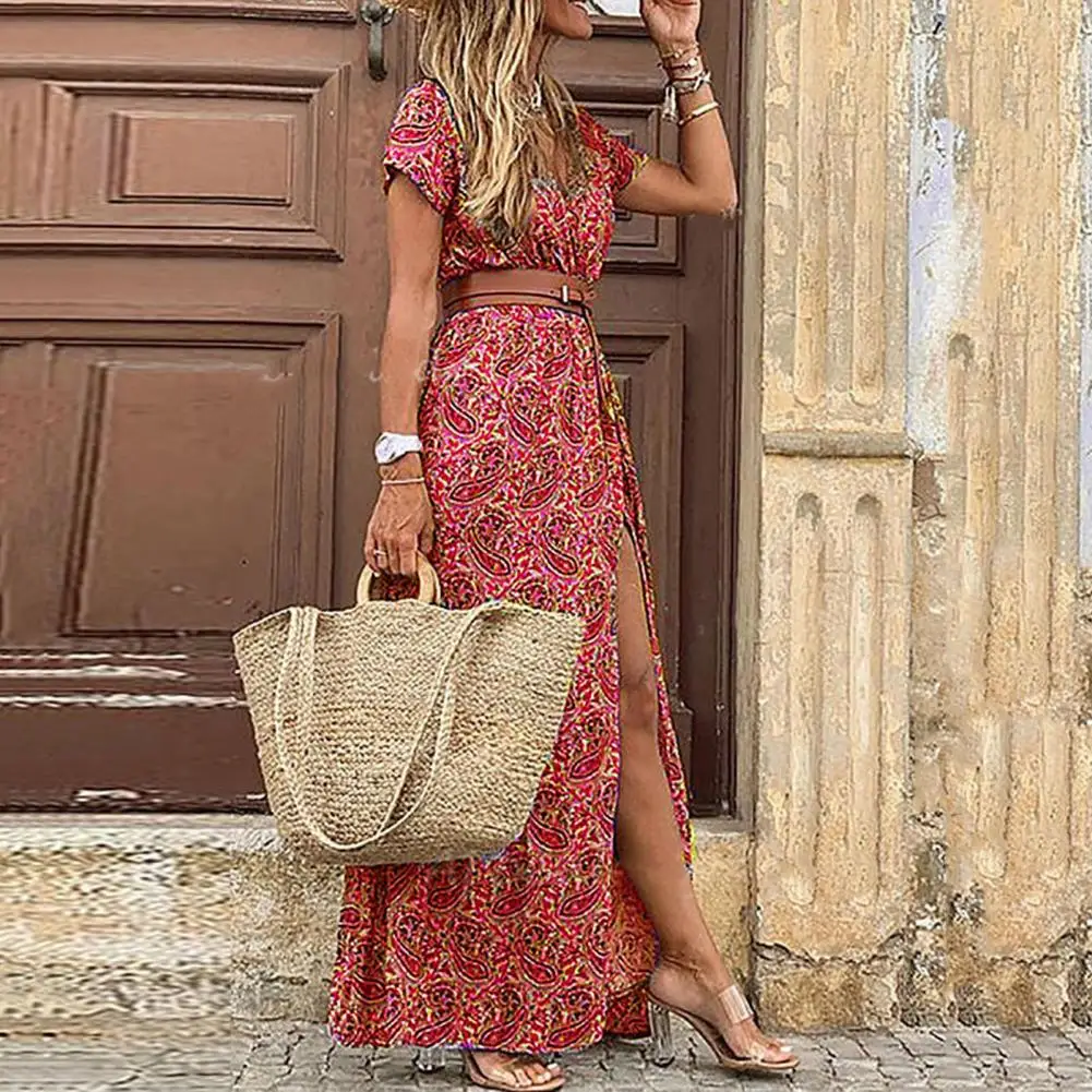 

Summer Women Dress V Neck Belted Tight Waist Split Hem Short Sleeves Retro Print Bohemian Style Vacation Beach Dress