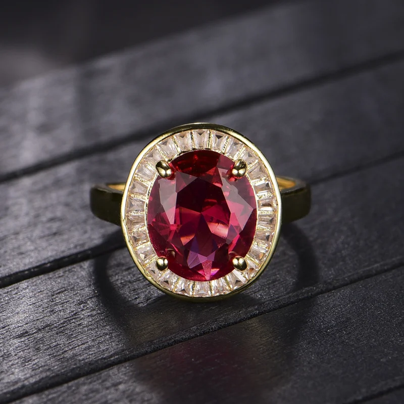 

Новое высококачественное элегантное овальное открытое кольцо с красным турмалином и драгоценным камнем для женщин золотого цвета