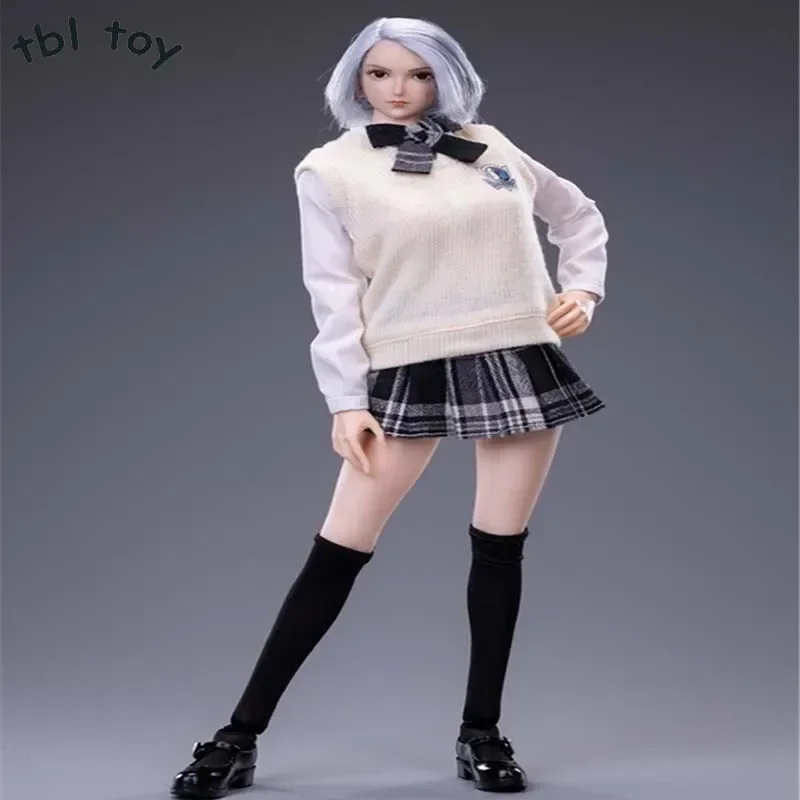 1/6 Scale Knitted Sweater Vest Pleated Skirt White Shirt Student Doll Suit for 12in Female Soldier Clothes Action Toy Figures