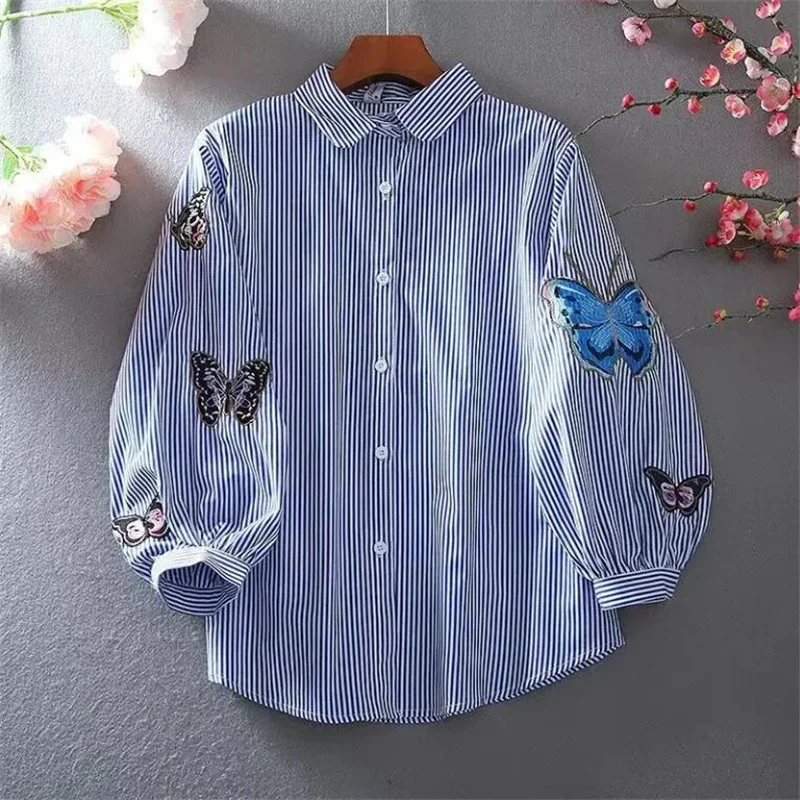 Vintage Women\'s Top Butterfly Embroidery Shirt Spring and Summer New Three Quarter Lantern Sleeves Collar Button Art Blouse