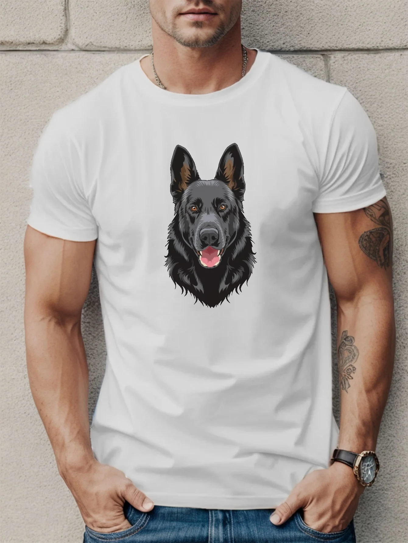 

Black German Shepherd Head Graphic Tee Men Casual Round Neck Cotton Short Sleeve T-Shirt Spring Autumn