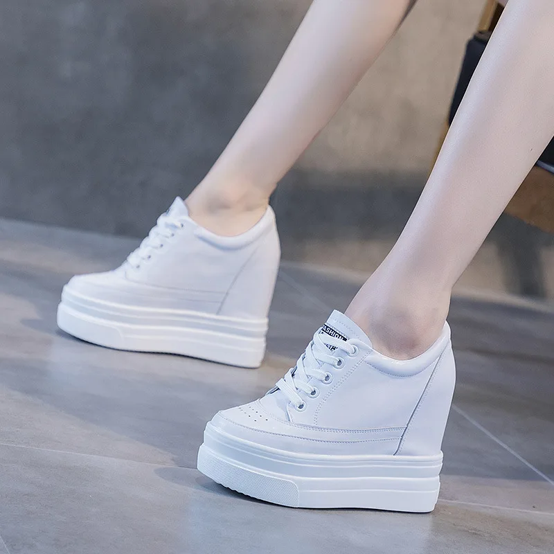 Women Autumn Leather 11cm Hidden Wedge Sneakers Platform Shoes High Heels Sneakers Female Casual Footwear White Woman Trainers