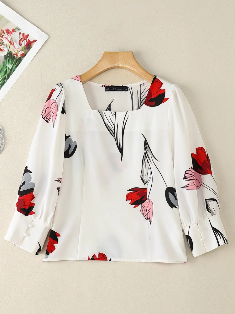 

ZANZEA, осенняя элегантная офисная блузка с квадратным вырезом, женские топы с длинными рукавами, рубашка с цветочным принтом, повседневная рабочая блузка Mujer Femme
