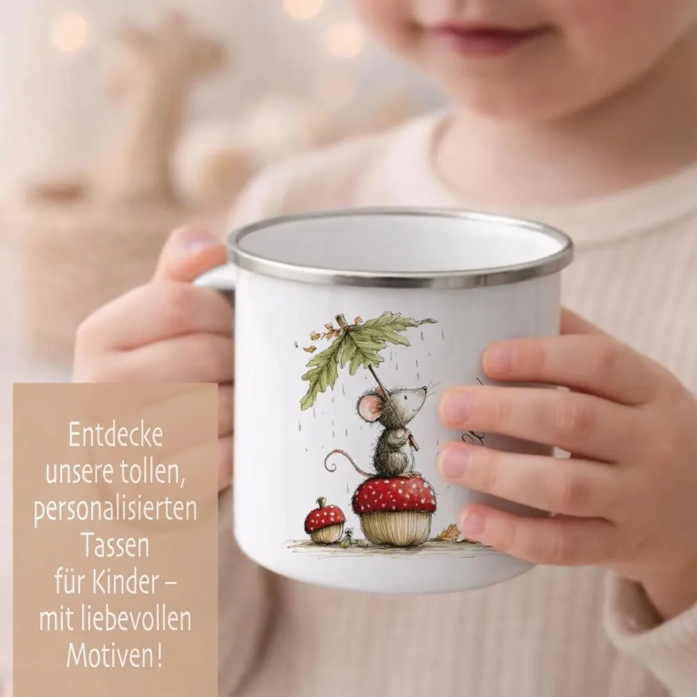 Personalized Cute Forest Mouse Enamel Mug Custom Name Watercolor Mushroom Berry Animal Camping Cup Birthday Baby Shower Gift.